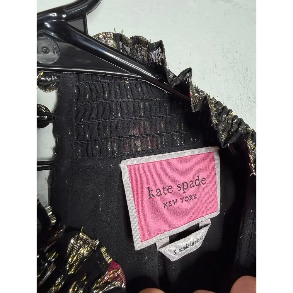 Kate Spade rose garden Smocked Shift Dress Womens Small Black Gold Silk